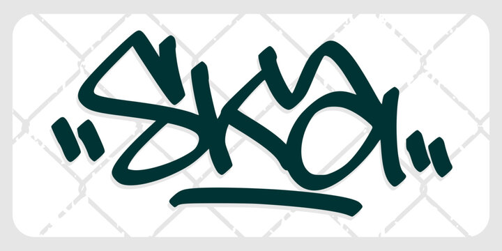 Ska graffiti tag features bold hand style lettering on textured background layout. Urban street art typography wordmark concept for jamaican reggae music merchandise apparel design clip art.