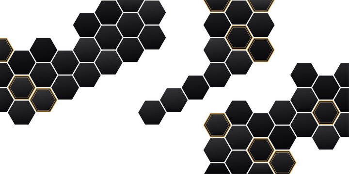 Delicate black and gold hex grid background. Abstract hexagon random honeycomb grid pattern. Modern minimal design for wallpaper, poster and copy space.