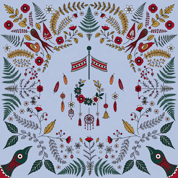 Symmetrical Scandinavian folk art pattern with birds flowers and animals