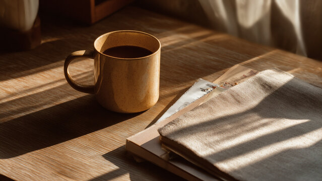Cozy morning coffee cup on a wooden table with notebooks and warm sunlight