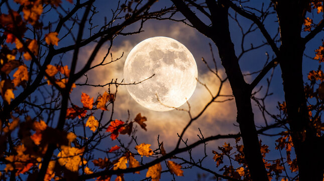 A bright full moon shines through the dark silhouette of bare autumn tree branches, adorned with colorful fallen leaves.