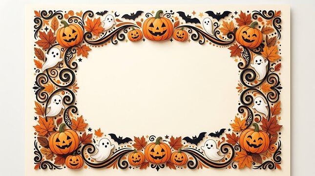 Decorative halloween border frame featuring cute pumpkins ghosts bats and autumn leaves with a blank center space for your holiday message