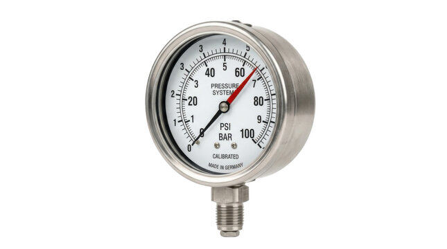 Calibrated Pressure Gauge with PSI and BAR Readings and Red Pointer Indicating Measurement PNG Isolated on transparent background