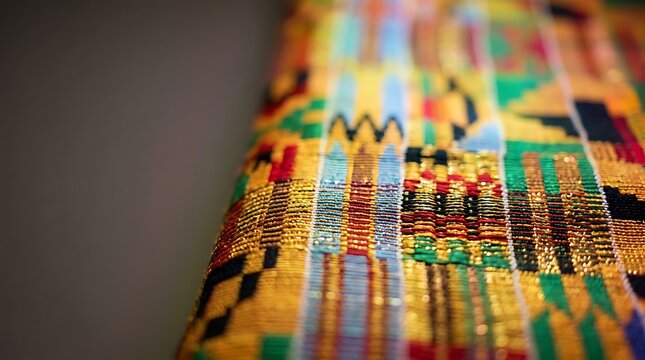 Vibrant traditional kente cloth textile with geometric patterns