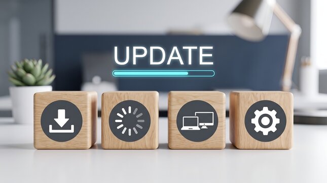 Update process with icons on wooden blocks and progress bar