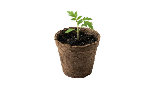 Young tomato seedling growing in a biodegradable peat pot filled with dark soil and rich organic compost PNG Isolated on transparent background