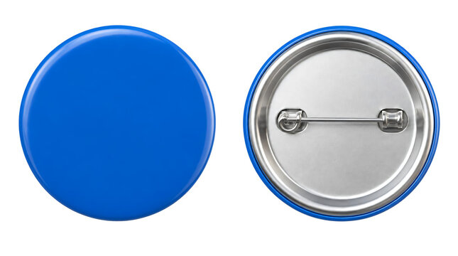 Blank blue round button badge, front and back view with metal pin isolated on transparent background