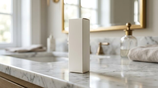 Blank white cosmetic box packaging standing on a luxury marble bathroom counter. lipstick box ideas