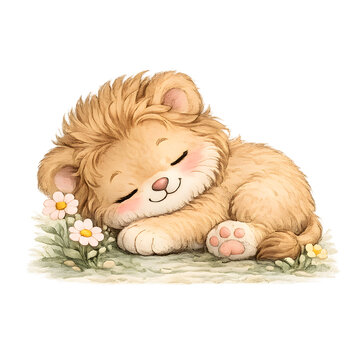 Watercolor painting of a cute sleeping lion.