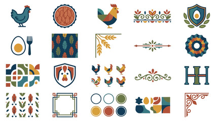 Fototapeta premium Folk art style poultry motifs and decorative border elements.