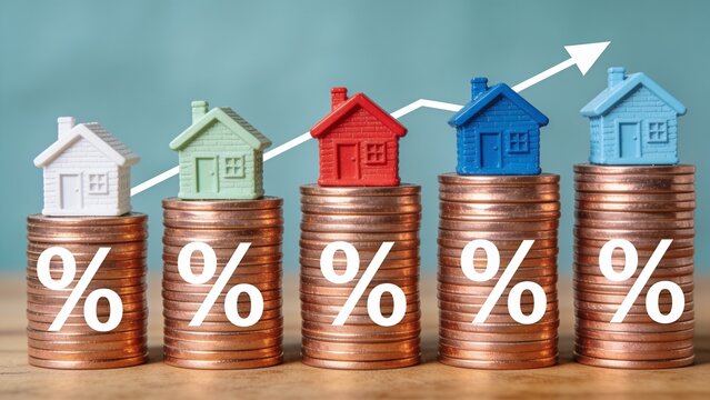 Colorful stacked coins with growing houses symbolizing real estate investment growth and profit