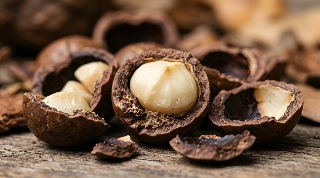 Fresh macadamia nuts in hard brown shells on a rustic wooden table background perfect for national macadamia nut day