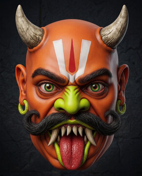 3D Orange Rakshasa Demon Face Mask with Horns and Fangs - Hindu Drishti Bommai Evil Eye Protector