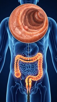 3D Medical Illustration of a Colonoscopy Procedure Showing a Polyp in the Large Intestine for Cancer Screening