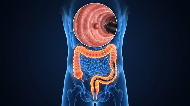 3D Medical Illustration of Colonoscopy Procedure Highlighting a Polyp in the Human Large Intestine