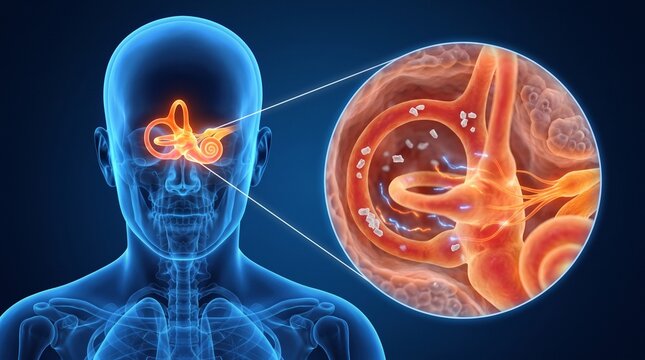 3D Medical Illustration of Inner Ear Anatomy Showing Otoconia Crystals in Semicircular Canals for BPPV Vertigo