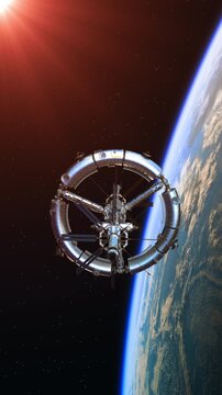 3D animation of a futuristic rotating space station orbiting Earth. Advanced orbital habitat with realistic lighting, solar arrays, and stunning views of the planet from space.