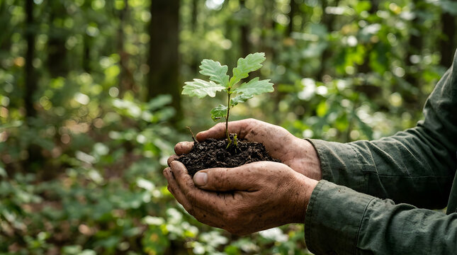 Close-up shot of weathered hands gently holding a small oak sapling with rich soil around its roots in a lush forest background.