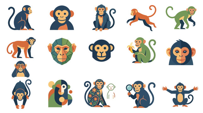 Diverse monkey character portraits and primate face icons.