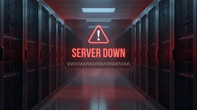 Server room with red warning sign and "SERVER DOWN" text