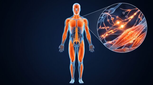 3D Illustration of Human Muscular and Nervous System with Detailed Synaptic Firing and Neural Connection Inset
