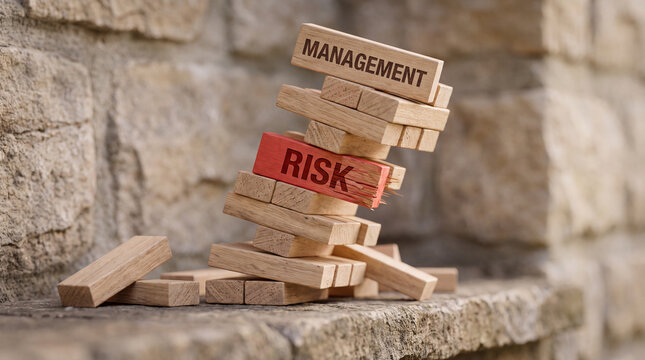 A precarious tower of wooden blocks spells out "Management" and "Risk," symbolizing the delicate balance of business strategy and potential failure.
