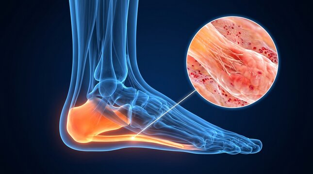 Plantar Fasciitis 3D Medical Illustration Showing Foot Anatomy with Microscopic Heel Tissue Inflammation and Damage