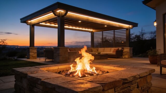 Outdoor stone fire pit and pergola at sunset with backyard relaxation architecture