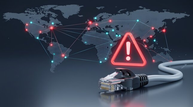 Global network security alert with ethernet cable and warning sign