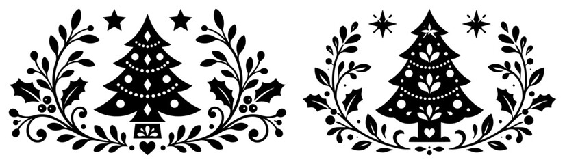 Decorated Christmas tree emblems with laurel wreaths and festive stars in folk art style © AnimalZOO
