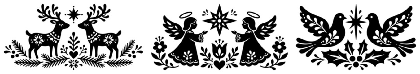 Christmas folk art motifs with reindeer angels and birds in silhouette style © AnimalZOO