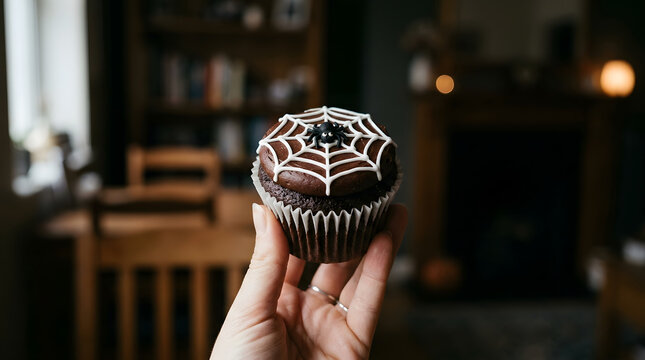 A hand holds a dark chocolate cupcake decorated with a white spiderweb frosting design, showcasing a festive Halloween treat against a blurred indoor background.