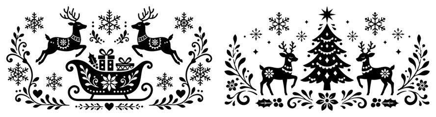 Christmas sleigh with reindeer and decorated pine trees in traditional folk art silhouette style © AnimalZOO