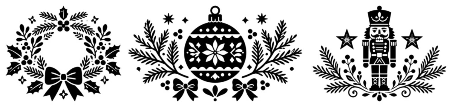 Christmas wreath ornament and nutcracker soldier with winter branches in folk art silhouette style