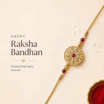 Happy Raksha Bandhan Wishes Greeting Card with Traditional Indian Elements and Rakhi