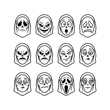 12 Skelae meme faces. Funny skeleton skull icons with hood. Doodle skull emojis expressing emotions. Cute death themed character set.
