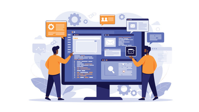 Two creative web developers designing and coding software applications on a giant desktop computer monitor.