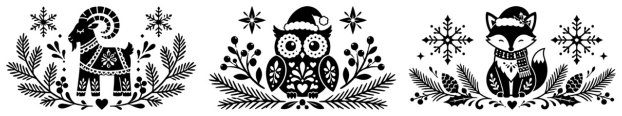 Christmas yule goat owl and fox characters in festive Scandinavian folk art style © AnimalZOO