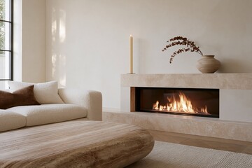Fototapeta premium Modern quiet luxury living room featuring a minimalist fireplace, cozy sofa with cushions, and a decorative vase on a wooden coffee table