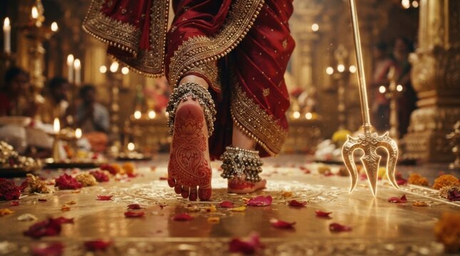Traditional Indian dancer feet with anklets flowers
