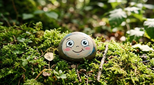 Handmade smiling pet rock with googly eyes on green moss garden bed outdoor nature setting perfect for national pet rock day