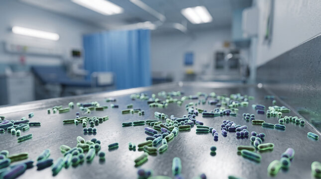Concept of hospital-acquired infections showing bacteria and pathogens transferring onto medical surfaces in a ward.