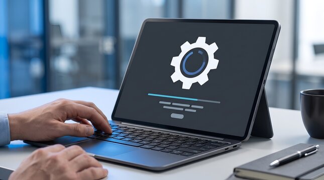 Person updating software on a tablet with progress bar