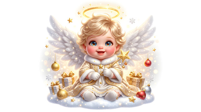 Ultra cute baby Christmas angel with luxurious fluffy white wings, glowing golden halo, elegant white and champagne gold robe, oversized sparkling eyes, rosy cheeks and joyful smile,