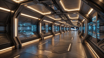 Fototapeta premium Futuristic sci-fi spaceship corridor interior with glowing neon lights and digital screens display background.