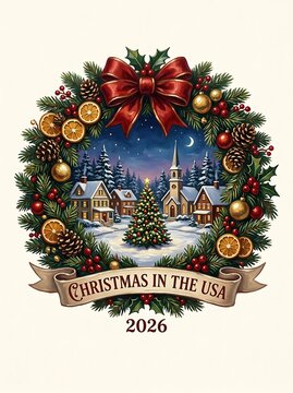 Festive christmas wreath framing a snowy village scene for 2026