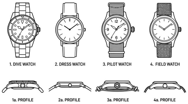 Technical line art infographic showing four classic timepiece types including dive dress pilot and field wristwatches with corresponding side profiles and numerical labels below