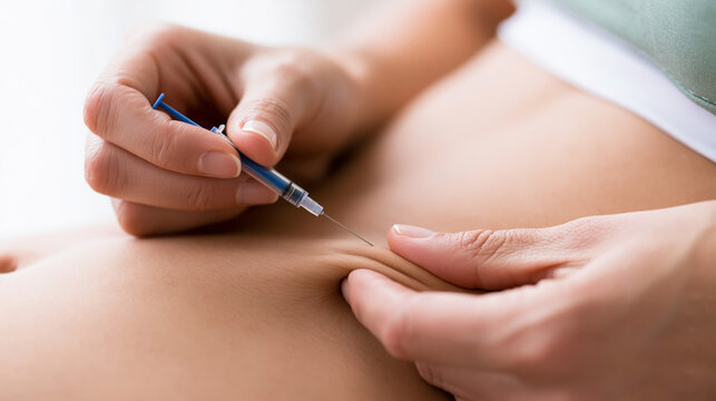 Close Up Woman Hands Giving Subcutaneous Insulin Injection in Abdomen for Diabetes and Weight Loss Treatment