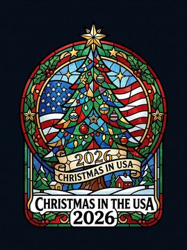 Patriotic christmas tree in stained glass style for 2026 usa holiday