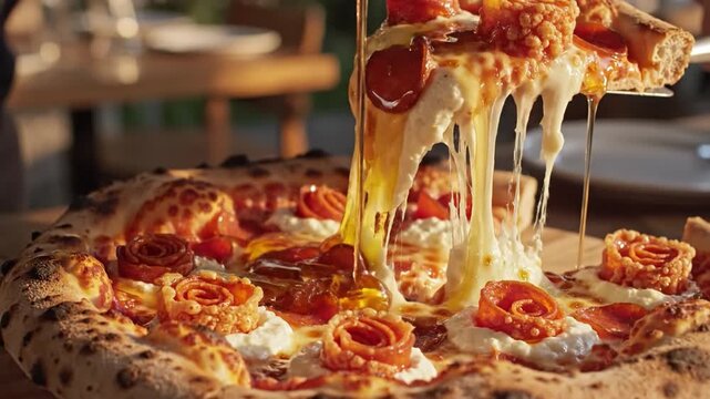 Pepperoni pizza slice pull with hot honey drizzling over curled pepperoni and ricotta cheese